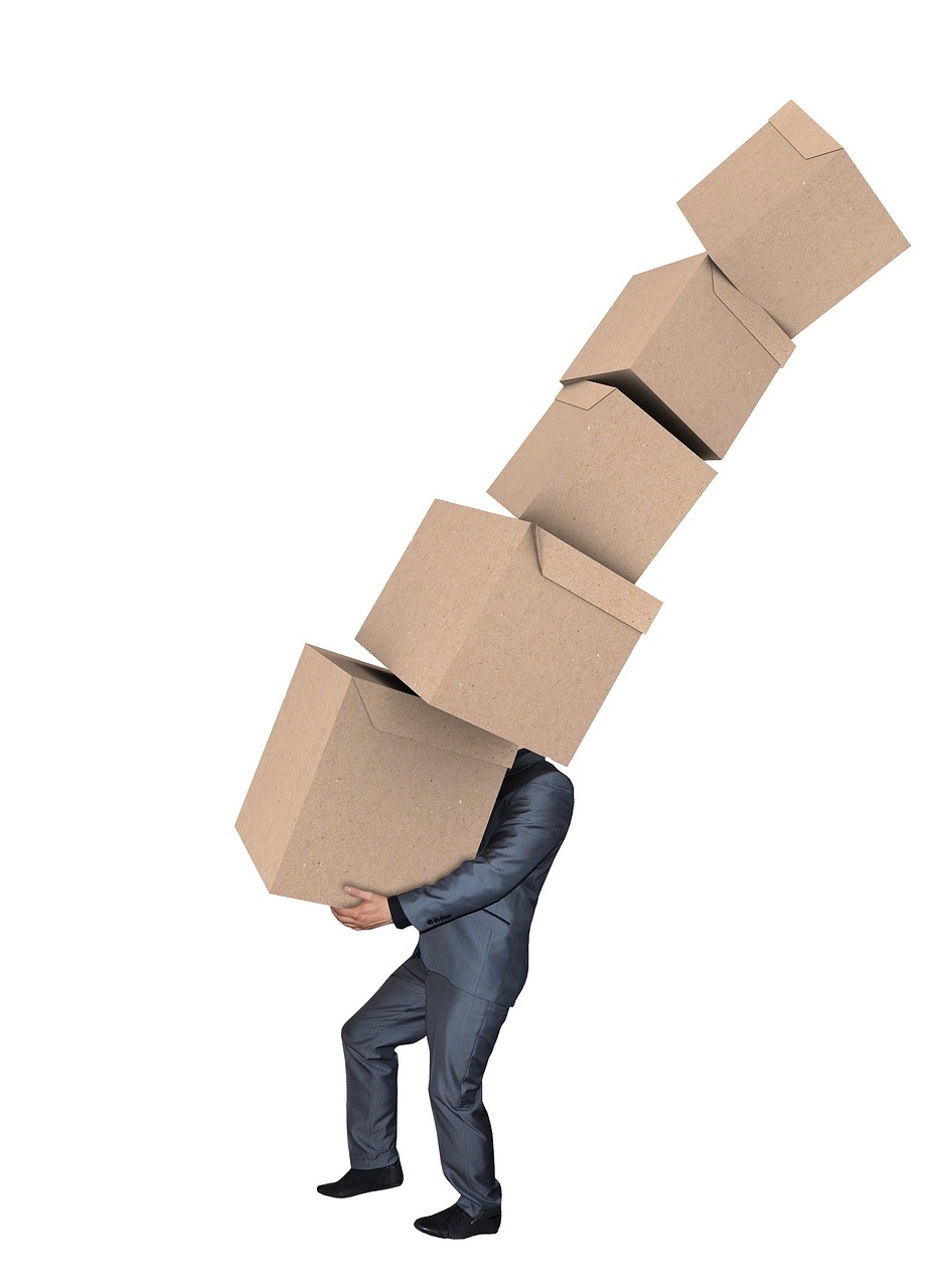 man and falling moving boxes